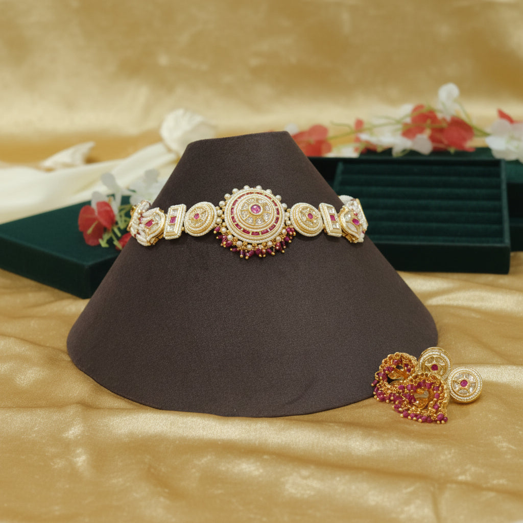 Vaidehi Moissanite Choker Necklace Set with Temple Jhumka Earrings | Luxury Bridal Jewellery