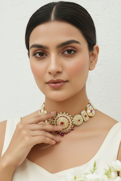 Vaidehi Moissanite Choker Necklace Set with Temple Jhumka Earrings | Luxury Bridal Jewellery