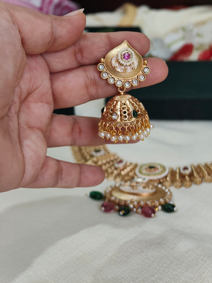 Rajvanshi Gold Lookalike Jadtar Kundan Necklace Set with Meenakari Pendant & Jhumka Earrings | Bridal Jewellery