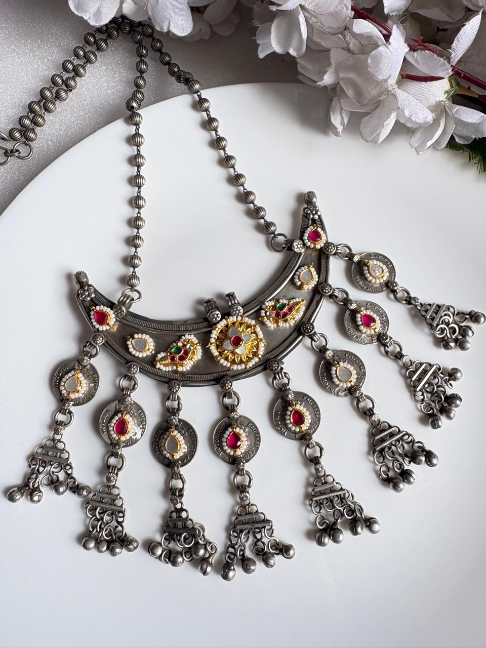Rajvalli Kundan Fusion Long SLA Necklace | Silver Look Alike Navratri Jewellery