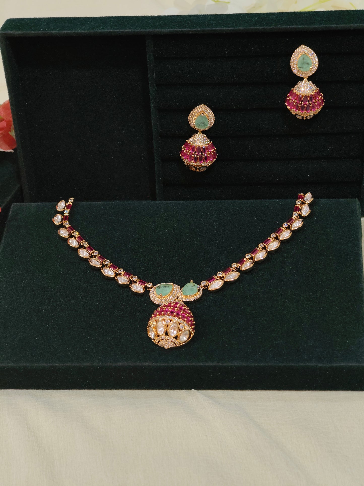 Meher Moissanite Polki Necklace Set with Emerald Stones & Jhumka Earrings | Luxury Bridal Jewellery