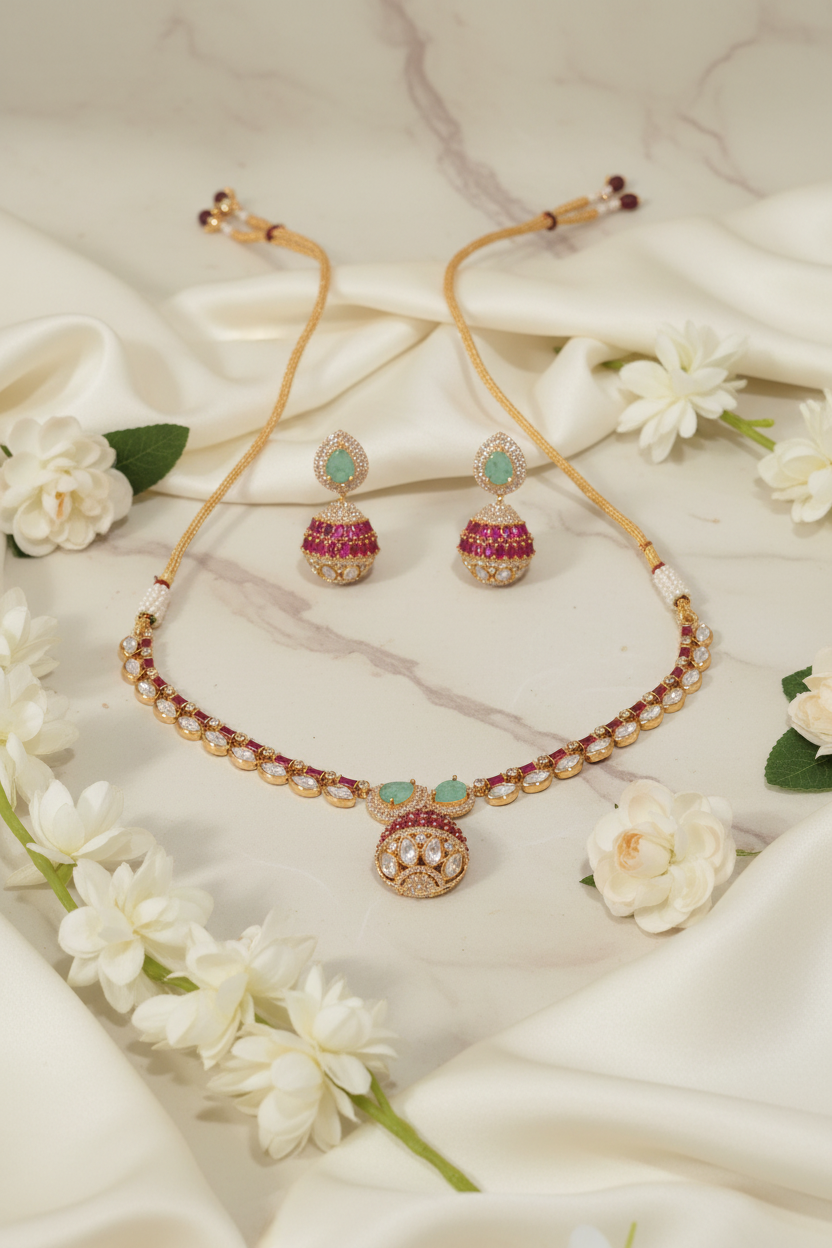 Meher Moissanite Polki Necklace Set with Emerald Stones & Jhumka Earrings | Luxury Bridal Jewellery