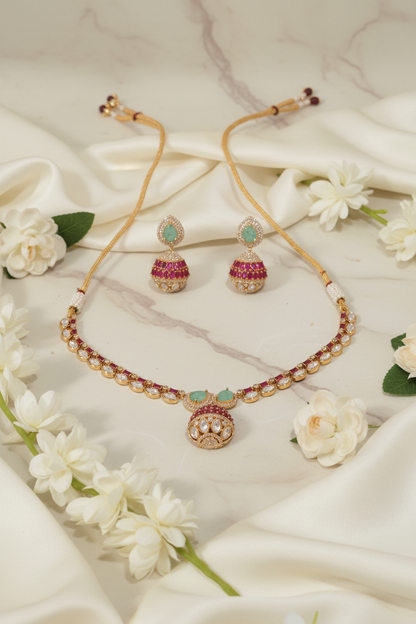 Meher Moissanite Polki Necklace Set with Emerald Stones & Jhumka Earrings | Luxury Bridal Jewellery
