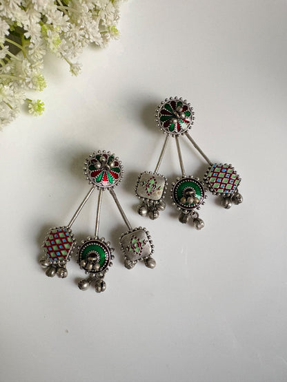 Miraaya Hand-Painted Multicolour Oxidised Silver Look Earrings