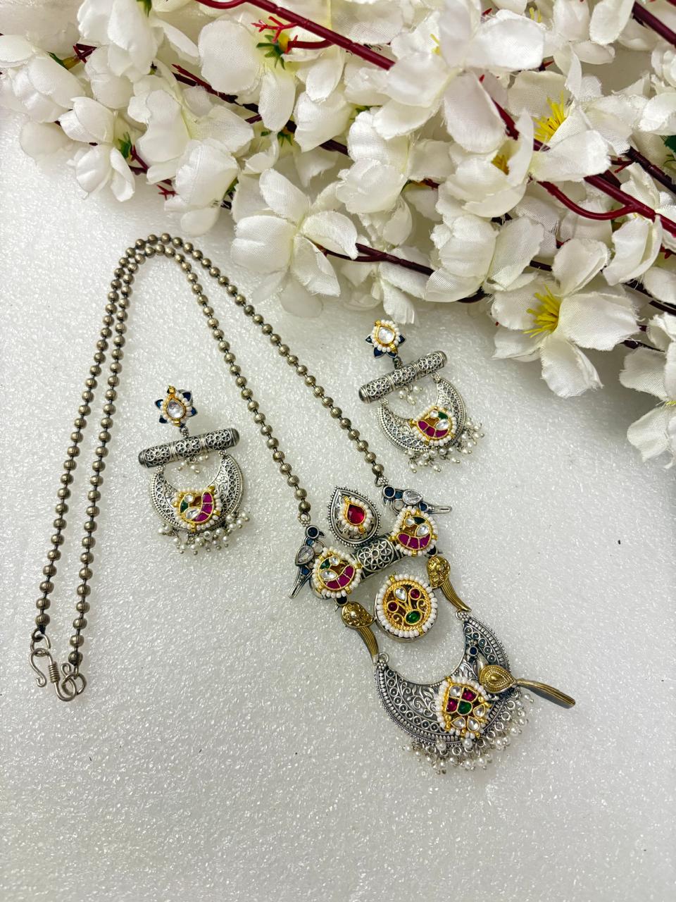 Vasundhara Heritage Dual Tone SLA Kundan Long Necklace Set with Matching Earrings & Pearl Drops | Premium Ethnic Jewellery  Ready Stock | Alankrent | AK-TMP-LN02 by Alankrent