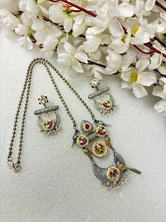 Vasundhara Heritage Dual Tone SLA Kundan Long Necklace Set with Matching Earrings & Pearl Drops | Premium Ethnic Jewellery  Ready Stock | Alankrent | AK-TMP-LN02 by Alankrent
