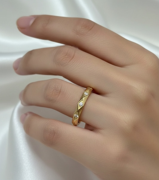 TriGold Matrix Anti-Tarnish Gold Ring | Diamond-Cut CZ Pattern Band
