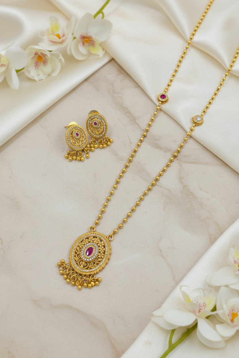 Vritti Rani Long Necklace Set with Earrings | Traditional Gold Tone Indian Jewellery