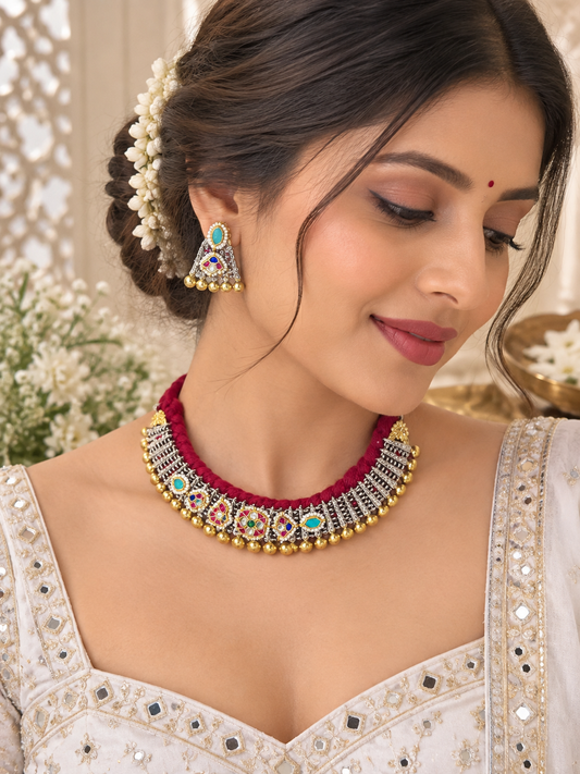 Vasundhara Ratnavali German Silver Meenakari Necklace Set with Earrings | Multicolour Traditional Indian Jewellery