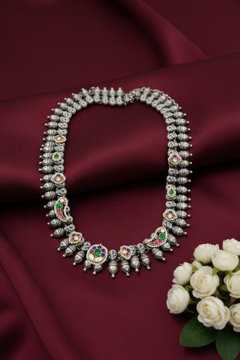 Shankhamala Kolhapuri Long Necklace | Pachi Kundan Fusion German Silver Statement Necklace | Traditional Maharashtrian Jewellery | Alankrent Luxe