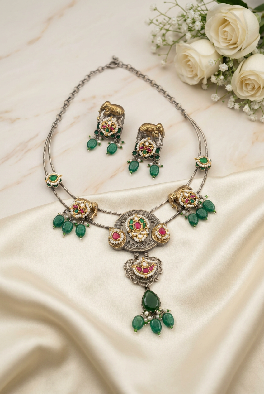 Gajraj Elephant Hasli Necklace with Green Stone Drops and Matching Earrings