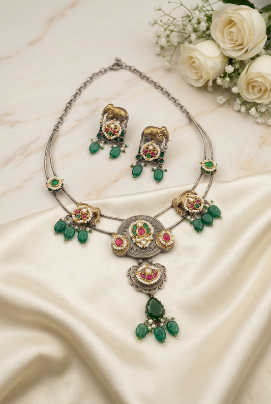 Gajraj Elephant Hasli Necklace with Green Stone Drops and Matching Earrings