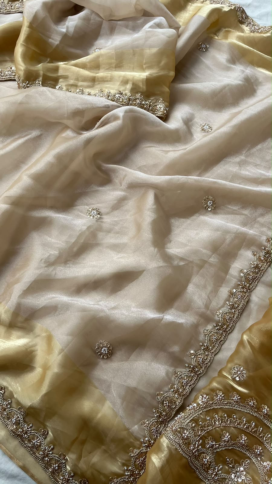Aurelia Noor Champagne Gold Tissue Lycra Saree with Dual Tone Coding Work & Designer Border