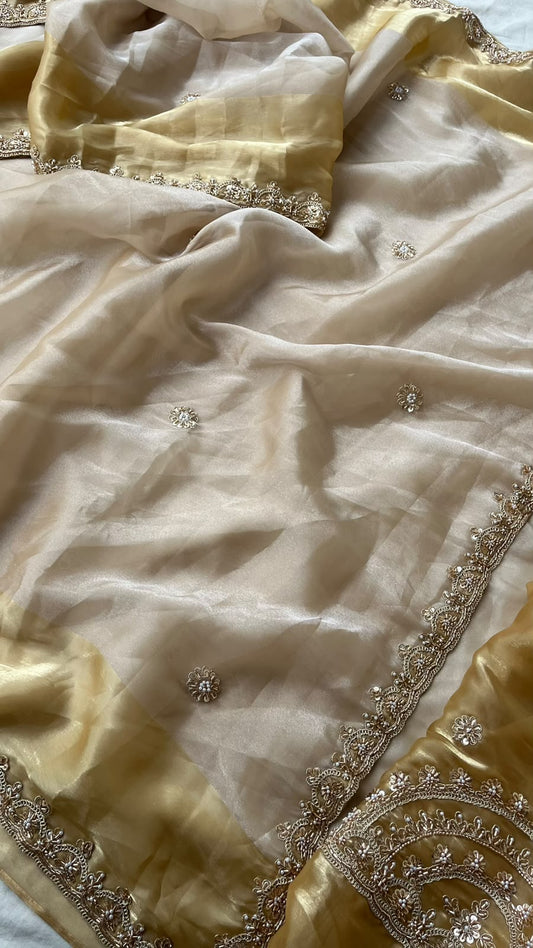 Aurelia Noor Champagne Gold Tissue Lycra Saree with Dual Tone Coding Work & Designer Border