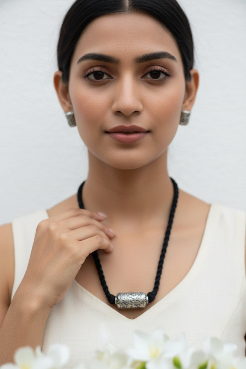 Premium Silver Look SLA Thread Necklace Set with Earrings for Women Online