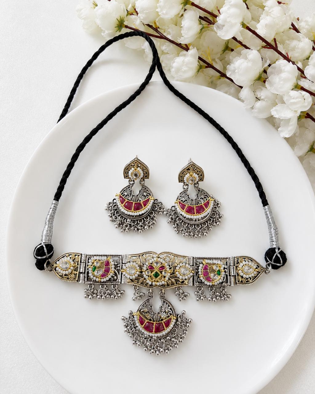 Rajnidhi Dualtone Kundan Thread Choker Necklace Set with Earrings | SLA Fusion Jewellery