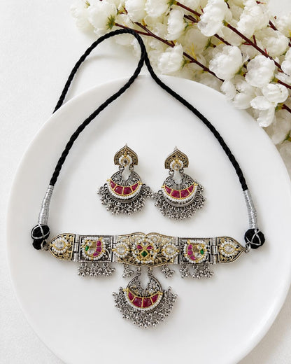 Rajnidhi Dualtone Kundan Thread Choker Necklace Set with Earrings | SLA Fusion Jewellery