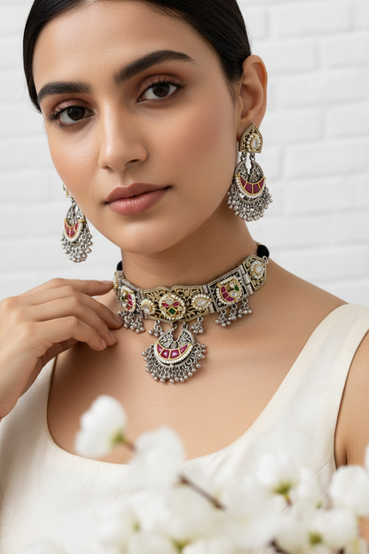 Rajnidhi Dualtone Kundan Thread Choker Necklace Set with Earrings | SLA Fusion Jewellery