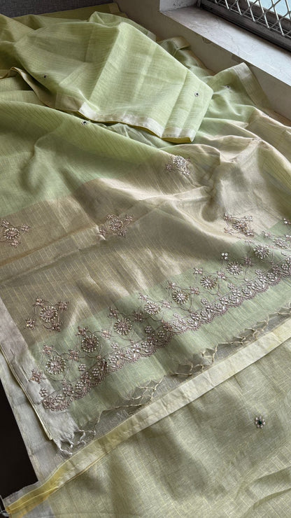 Premium Tissue Silk Banarasi Saree | Handcrafted Zardozi, Gota Patti & Pearl Work