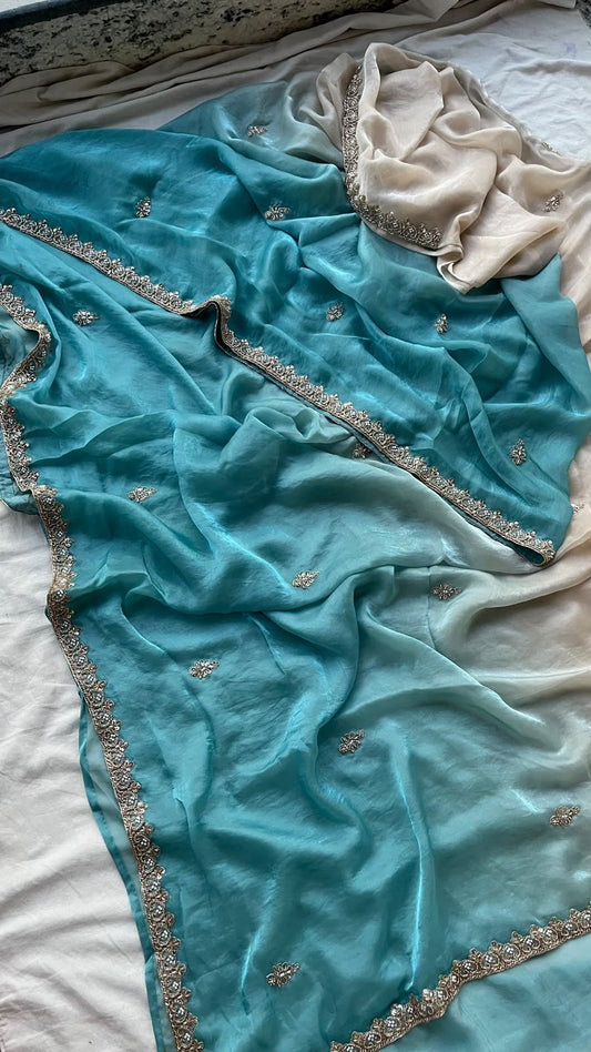 Aaranya Turquoise Luxe Saree | Turquoise Blue Pure Lycra Saree with Fancy Coding Work and Contrast Ivory Blouse