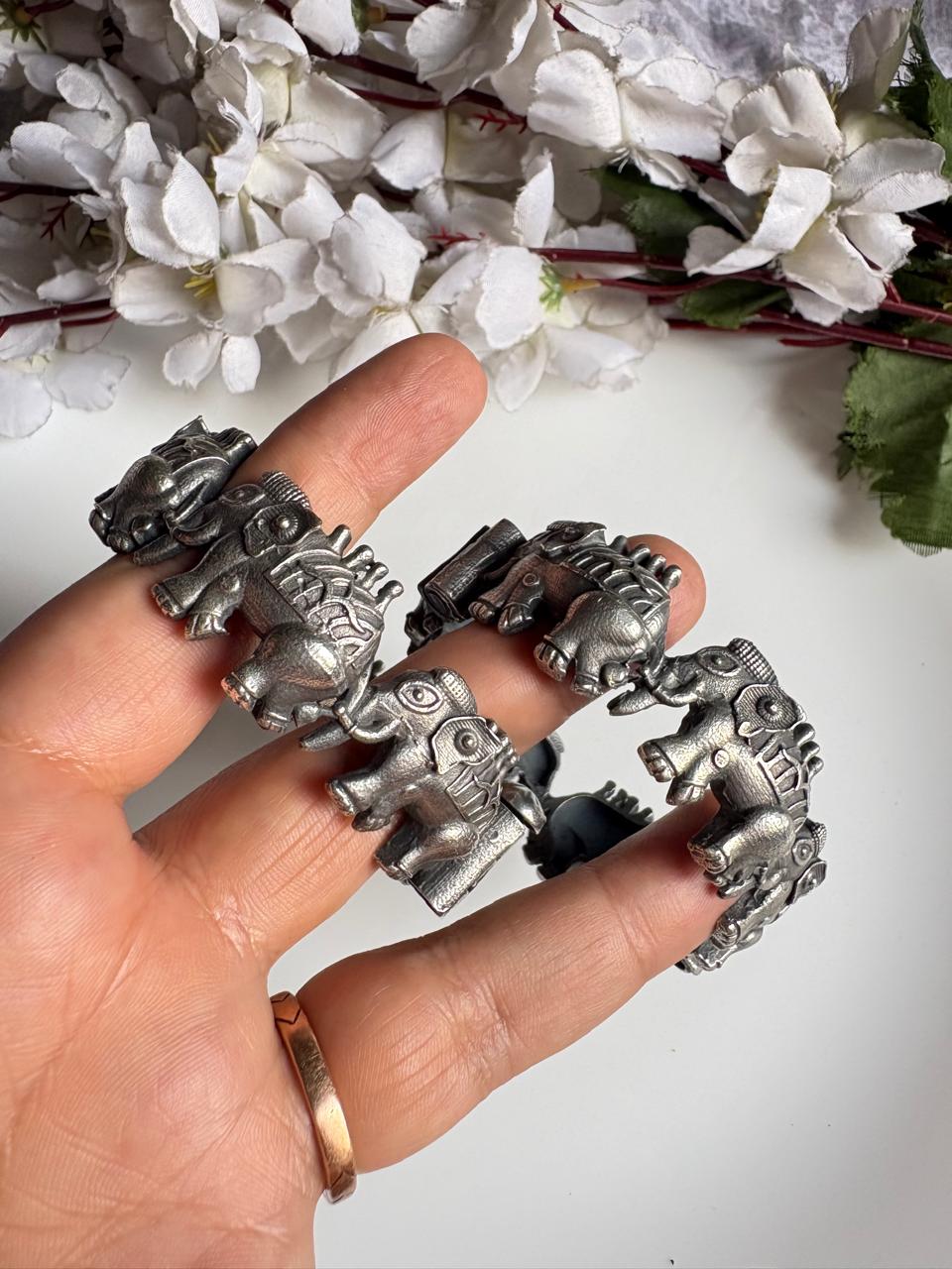 Gajveer Premium German Silver Openable Elephant Kada | Oxidised Tribal Statement Bracelet | Standard Size 2.6