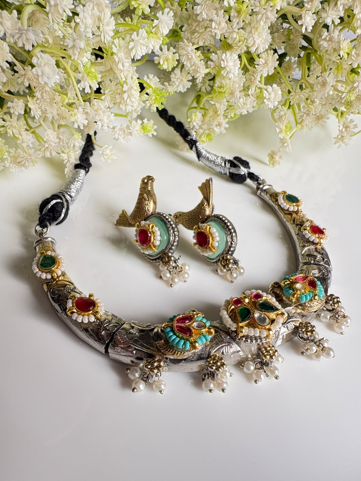 Mayura Kundan Fusion Thread Hasli Necklace with Earrings | Navratri & Festive Jewellery