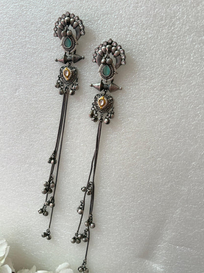 Tribal Long Chain Earrings with Coloured Stones | Festive Latkan Jewellery