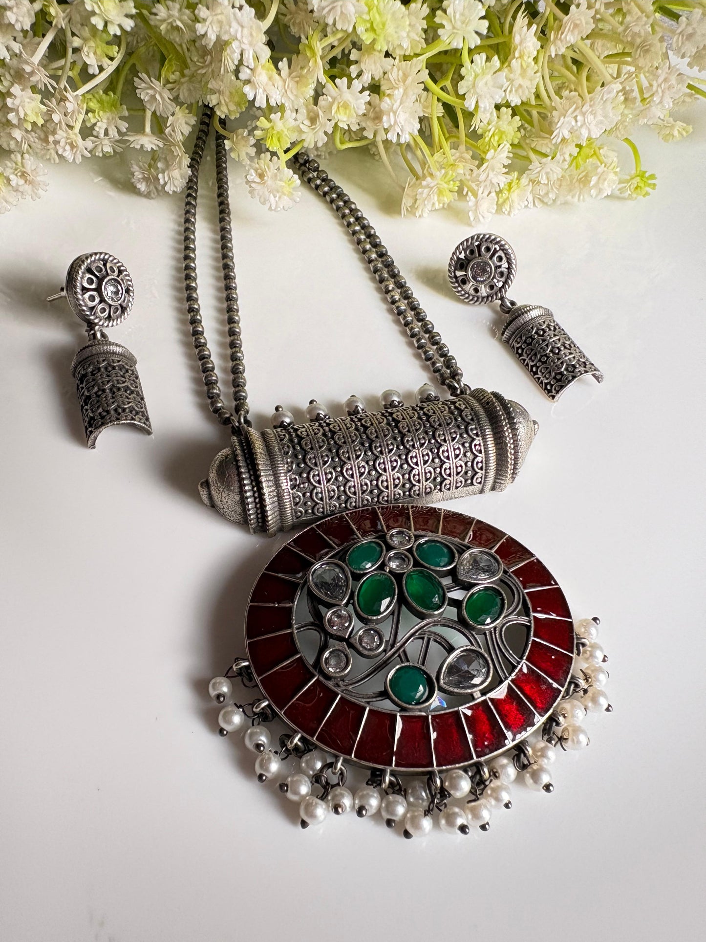 Rajat Vanya Premium SLA Pendant Set with Earrings | Oxidised Silver Look Indian Jewellery