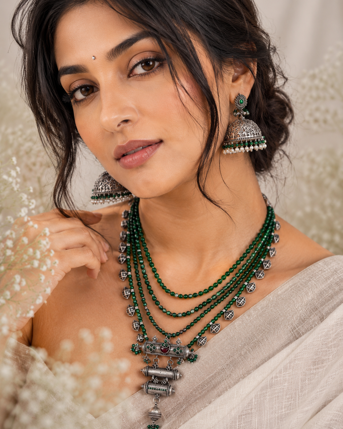 Vrindara Antique Silver Crystal Statement Necklace Set with Green Beads & Designer Jhumka Earrings | Tribal Heritage Jewellery