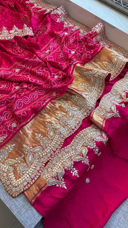 Luxury Gajji Silk Bandhani Saree with Zardozi & Gotapatti Work – Designer Bridal Saree