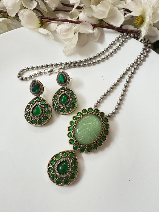 Premium Dual-Tone Carved Stone Pendant Long Necklace Set with Matching Earrings (Available in Ruby/Black and Emerald/Mint)