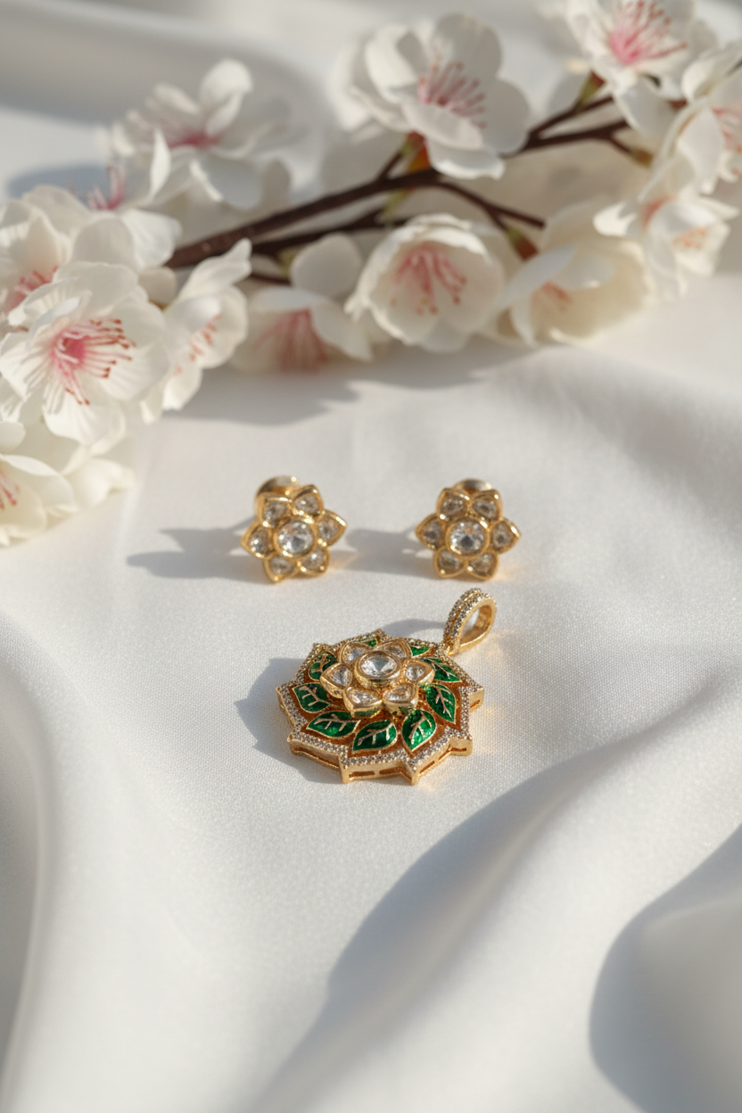 Original Moissanite Kundan Pendant Set | Luxury Without Chain | Alankrent DS391