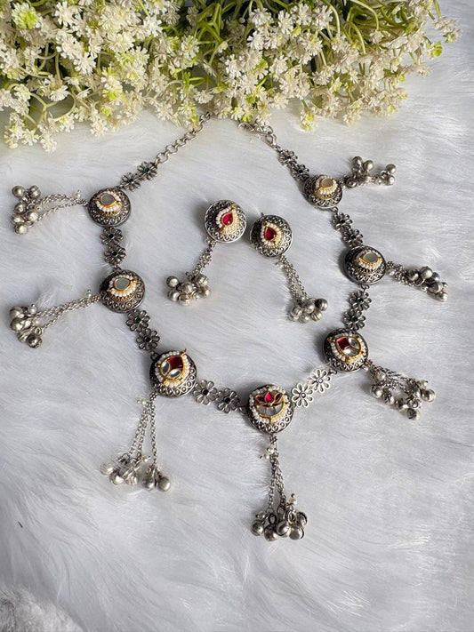 Vamika MOP Kundan Fusion Necklace Set with Earrings | Dual Tone SLA Jewellery