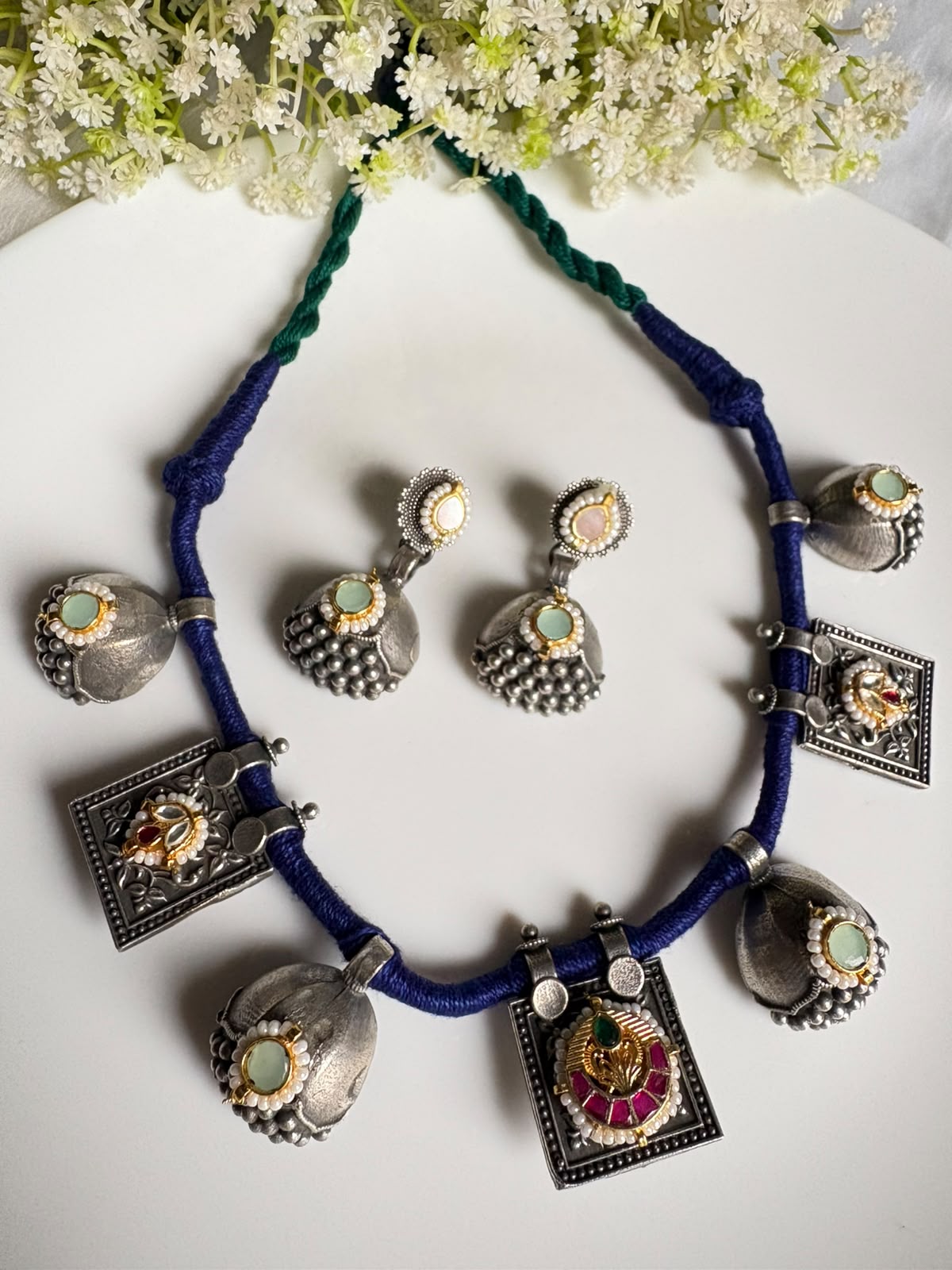 Vaerika Kundan Fusion Thread SLA Necklace Set with Earrings | Premium Brass Jewellery | Alankrent Luxe