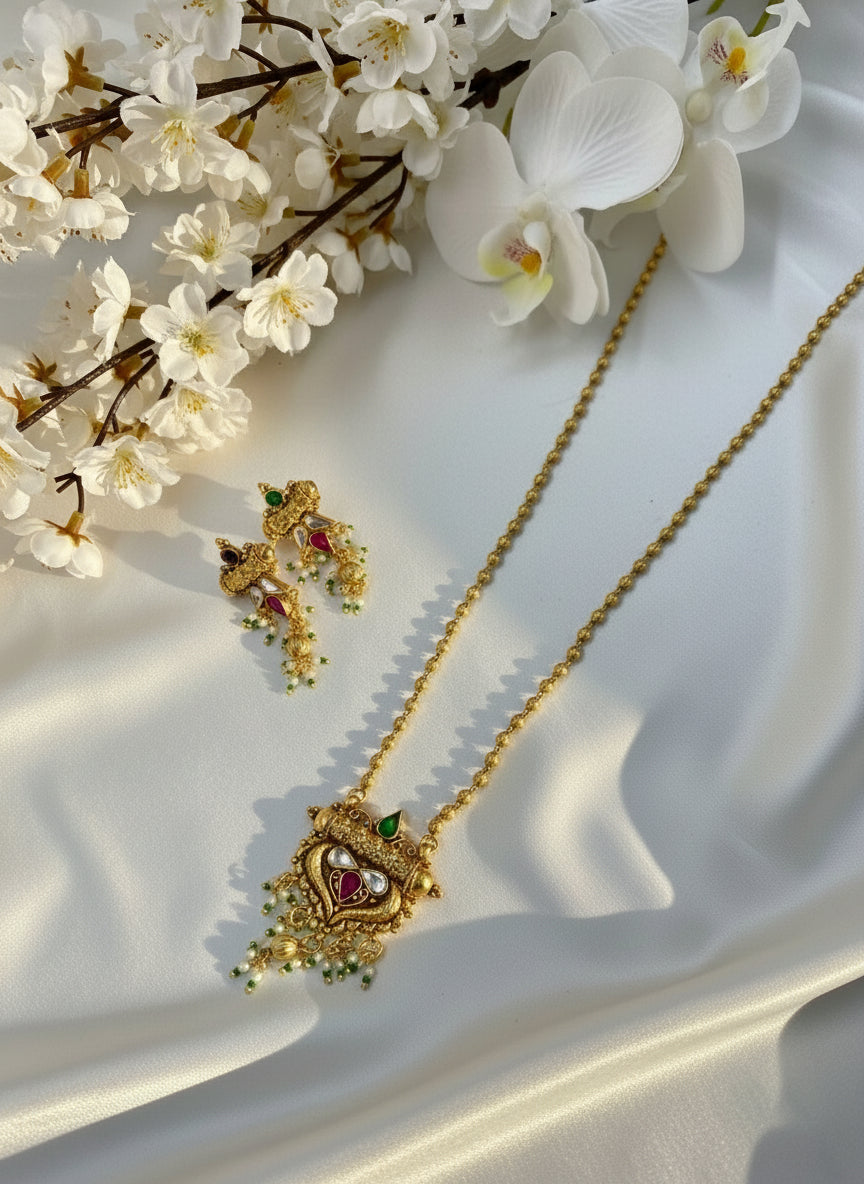 Veda Manjari Antique Temple Necklace | Green Drop Beads | Premium Traditional Indian Jewellery