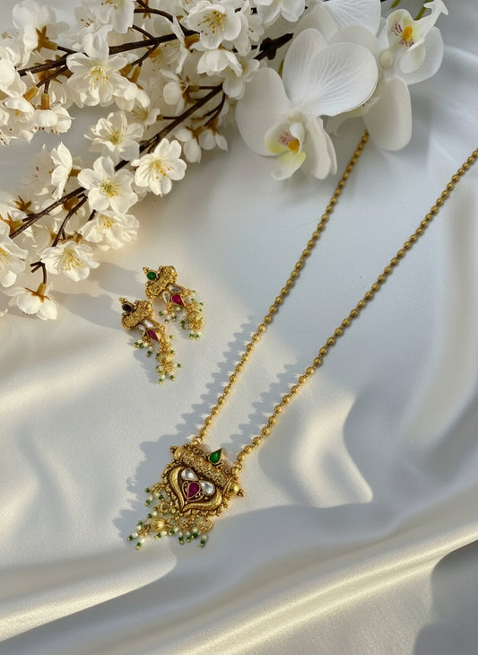 Veda Manjari Antique Temple Necklace | Green Drop Beads | Premium Traditional Indian Jewellery