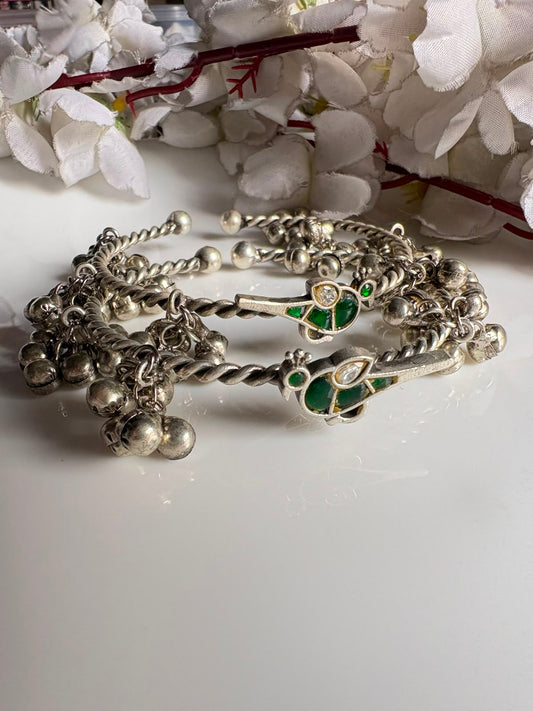 Pakshika Ghungharu Silver Tone Bangles | Flexible Bird Kundan Fusion Bangles for Women (Pair)| Alankrent Luxe