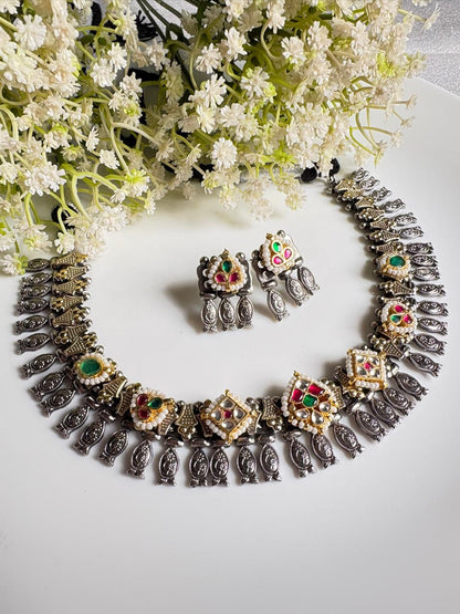 Aaradhya Rangika SLA Dual Tone Kundan Necklace Set with Earrings | Colourful Kundan Fusion Jewellery