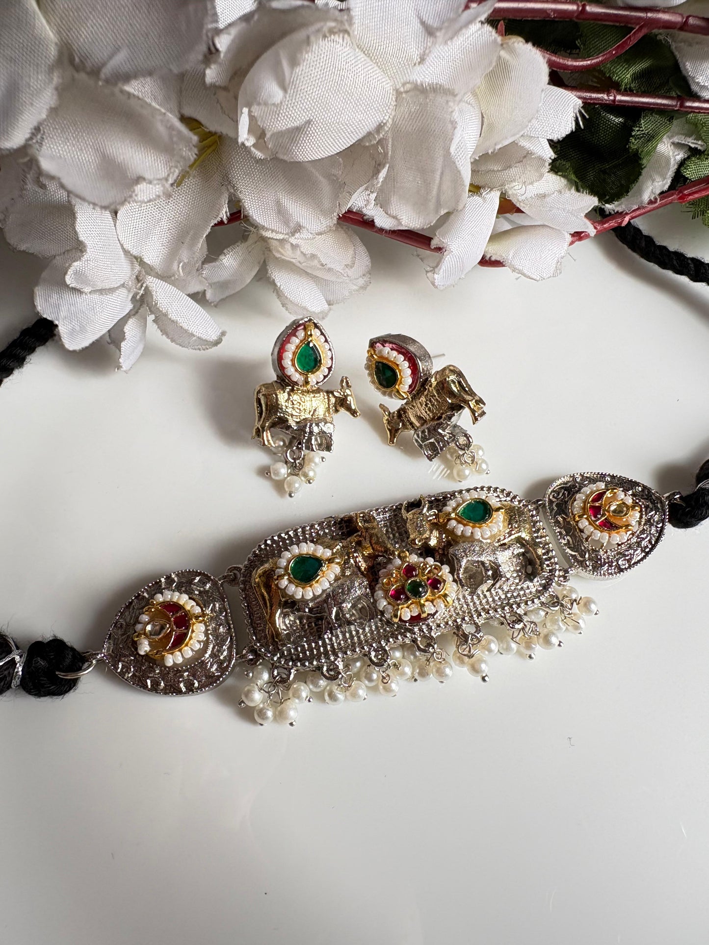 Nandivana SLA Thread Nandi Necklace Set with Earrings | Antique Silver Nandi Necklace with Kundan Fusion & Pearl Drops