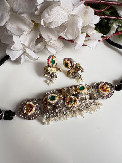 Nandivana SLA Thread Nandi Necklace Set with Earrings | Antique Silver Nandi Necklace with Kundan Fusion & Pearl Drops