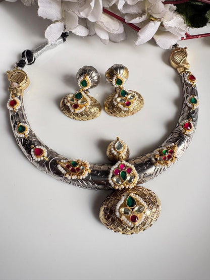 Hemambara Kundan Fusion Dual Tone Hasli Necklace Set with Earrings | Silver Look Alike Brass Choker Jewellery