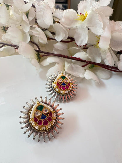 Suryakanti Dual Tone SLA Kundan Fusion Stud Earrings | Premium Silver Look Budget Ethnic Earrings for Women