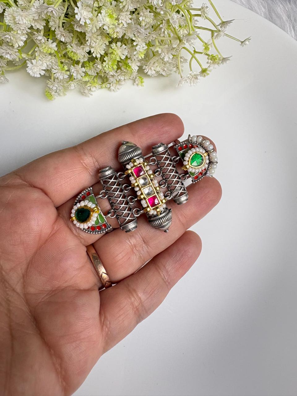Aarohi Meena Kundan Fusion Double Adjustable Ring | Multicolour Statement Ring