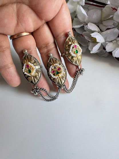 Triple Dual-Tone Kundan Ring | Adjustable Heritage Fusion Ring for Women