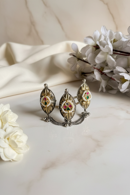 Triple Dual-Tone Kundan Ring | Adjustable Heritage Fusion Ring for Women