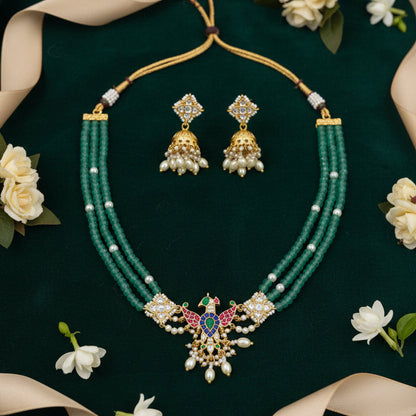 Inayra Viraasat Mor Kundan Pearl Rani Haar Necklace Set Green Beads Traditional Jewellery | Premium Indian Jewellery