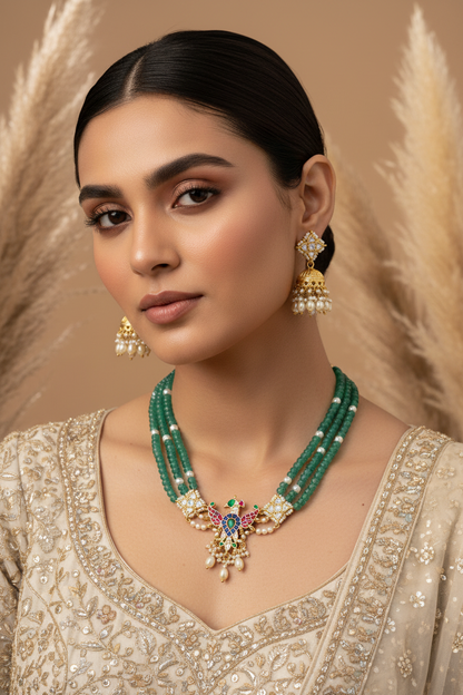 Inayra Viraasat Mor Kundan Pearl Rani Haar Necklace Set Green Beads Traditional Jewellery | Premium Indian Jewellery