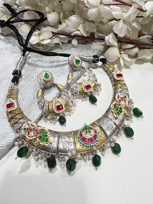 Vasundhara SLA Dualtone Kundan Fusion Hasli Necklace Set – Premium Collection | Alankrent