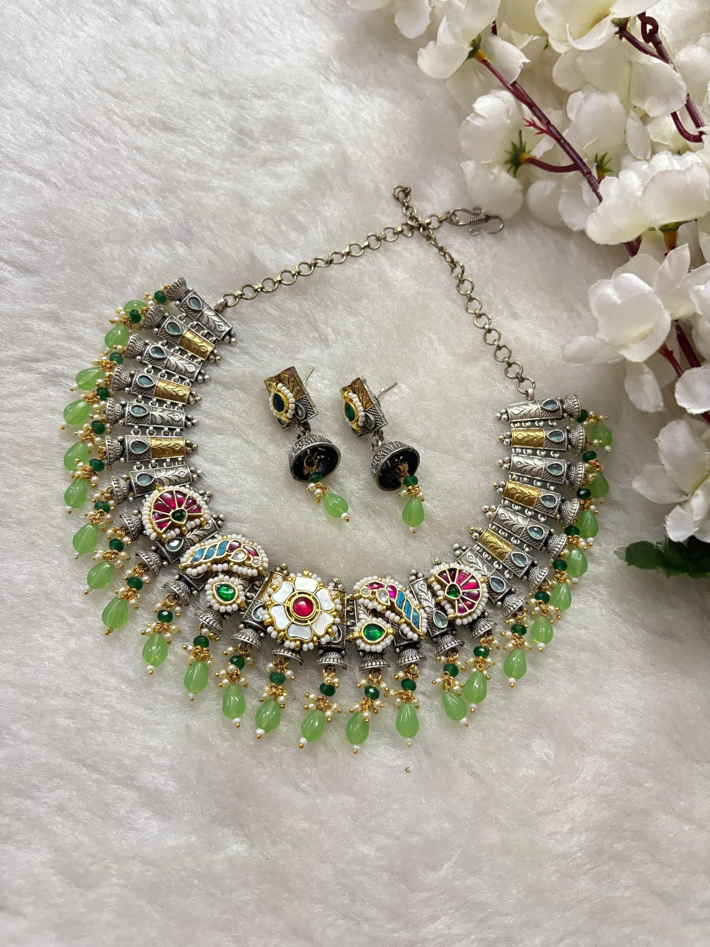 Temple Inspired Dual Tone Kundan Choker Set | Silver Look Alike Polish | Brass Base with Green Beads & Multicolour Enamel – Limited Edition