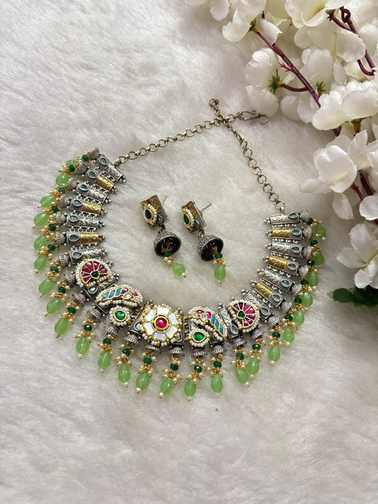 Temple Inspired Dual Tone Kundan Choker Set | Silver Look Alike Polish | Brass Base with Green Beads & Multicolour Enamel – Limited Edition